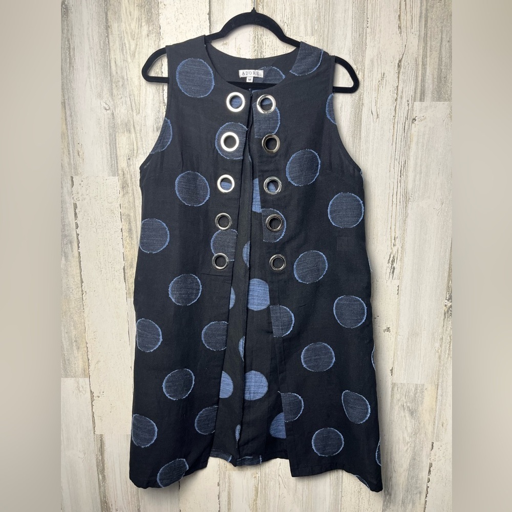 Adore  Anthropologie polka dot black and blue linen blend vest with  grommets